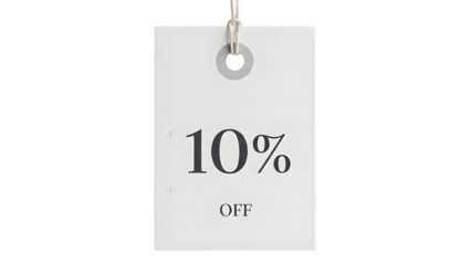 White discount tag with 10 percent off offer isolated on white background