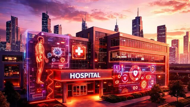 Modern hospital building exterior at sunset with glowing red holographic medical anatomy and dna data display covering glass facade