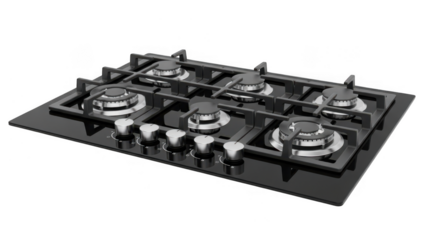 Black gas stove top with burners isolated on transparent background