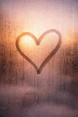 Hand-drawn heart shape on a foggy window glass with water drops and condensation. Beautiful golden sunset or sunrise light blurred in the background. Romantic and melancholic concept for love, longing
