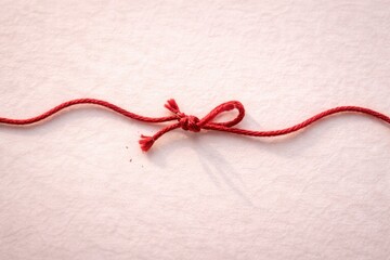 Minimalist concept of a red string with a small knot tied in the center, lying on a white textured paper background. Symbol of connection, destiny, love bond, "red thread of fate," or a reminder. Top 