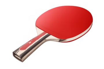 Ping pong paddle with red rubber and chrome handle, ready for competitive table tennis game, transparent background
