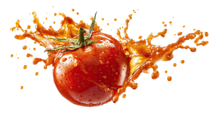 Fresh red tomato splashing juice droplets dynamic food photography macro closeup vibrant organic vegetable isolated on white background