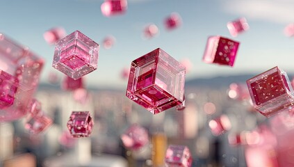 Floating, translucent pink cubes with cityscape backdrop, bokeh effect. Dramatic lighting and soft focus