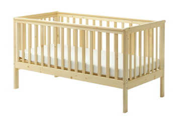 Wooden crib with mattress. Simple and sturdy design