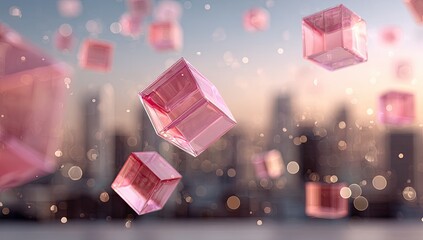 Floating translucent pink cubes over a cityscape with bokeh effects