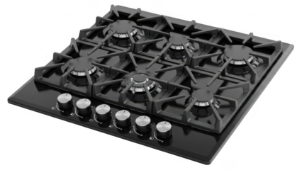 Black gas cooktop with five burners isolated on transparent background