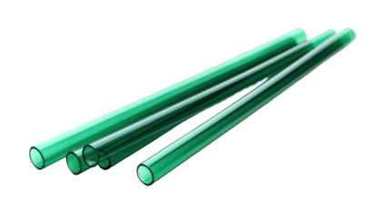 Green glass tubes transparent laboratory pipes hollow cylinders industrial material closeup realistic rendering isolated on white background