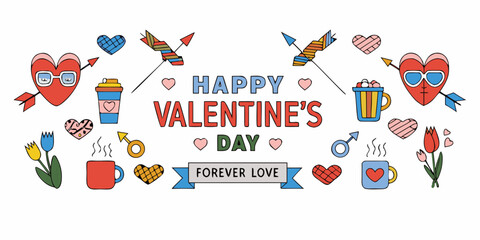 Colorful valentine s day doodle with hearts arrows and cups of coffee