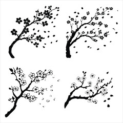 Naklejka premium Black and white illustration of cherry blossom branch Four black and white ink style illustrations of flowering branches for design elements