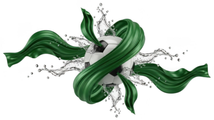 Soccer ball surrounded by water splash isolated on transparent background