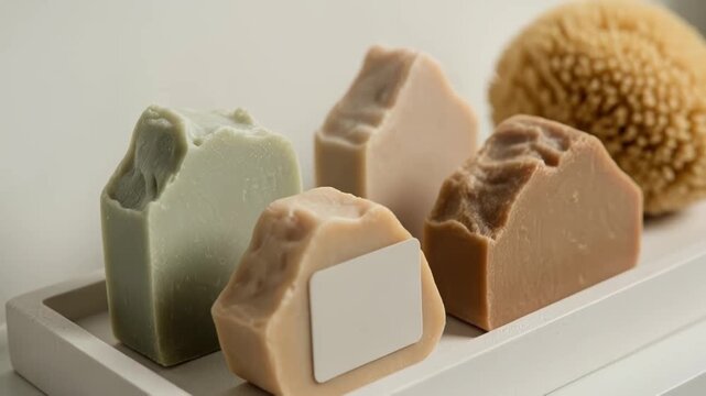 Natural soaps and sponge arrangement on minimalist shelf in bathroom setting