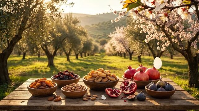 A visually rich and appealing scene unfolds with a rustic wooden table brimming with a diverse array of healthy, natural foods. Wooden bowls are artfully arranged, overflowing with golden dried aprico