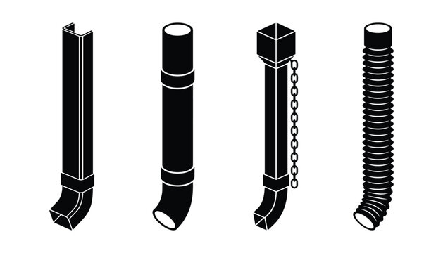 Vector illustration of four different gutter downspout types used in building's drainage systems.