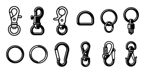 Vector illustration of metal swivel clasps, rings and carabiners in black and white. Accessories and parts for keychains.