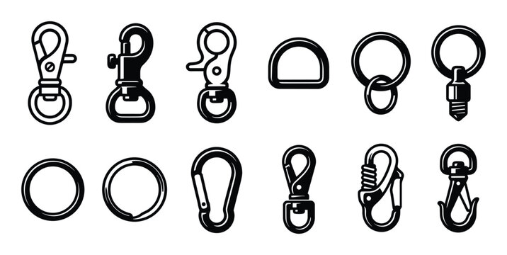 Vector illustration of metal swivel clasps, rings and carabiners in black and white. Accessories and parts for keychains.