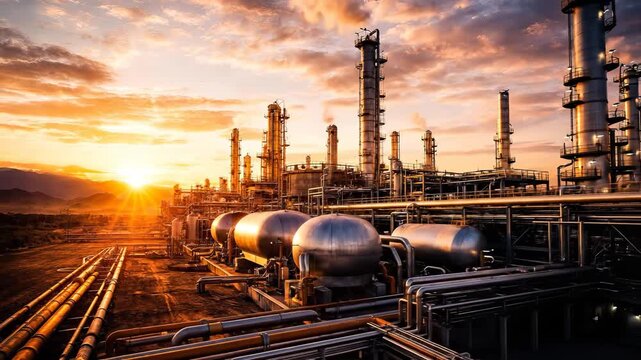 Wide aerial view of massive industrial oil refinery complex with metal pipelines and storage tanks glowing under dramatic golden sunset sky