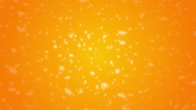 White snowflakes being lit up and falling down on orange gradient background. Abstract background for Merry Christmas, Happy Holidays, Season's greetings, Happy Valentine's day and winter season.