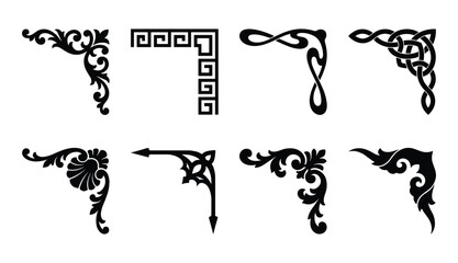 Vector illustration set of eight ornate and abstract black corner design elements on a white backdrop.