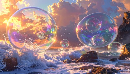 Dreamy ocean scene with enormous, iridescent bubbles reflecting the sunset hues and the foamy waves crashing on rocky shore