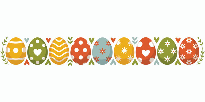 A charming horizontal border of vibrantly decorated Easter eggs featuring various festive patterns and foliage