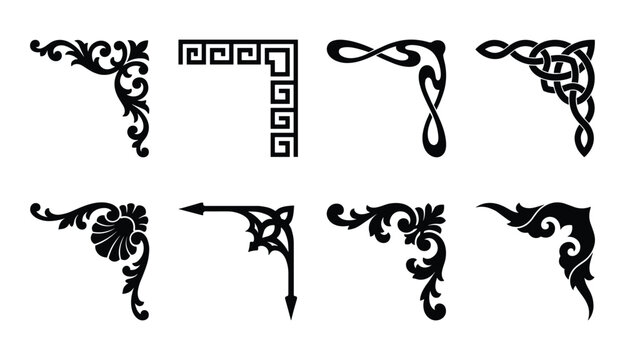 Vector illustration set of eight ornate and abstract black corner design elements on a white backdrop.