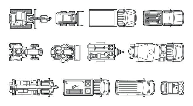 Vector illustration set of construction vehicles in top view for architectural and design projects.