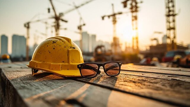 Yellow hard hat and safety glasses on wooden planks at construction site.