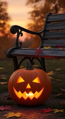 Lit jack o lantern on lawn with park bench at sunset autumn theme