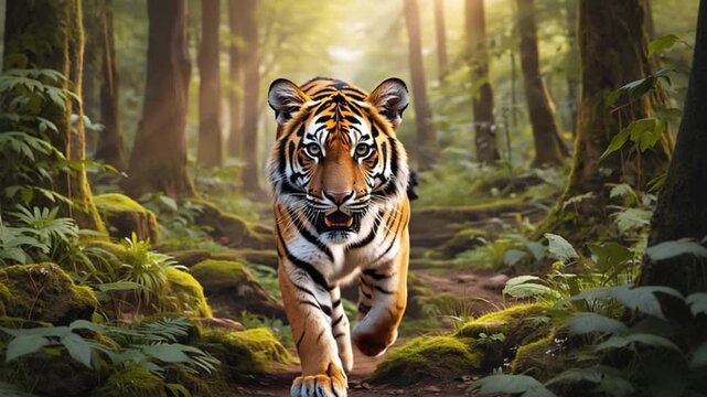 Majestic tiger walking through dense forest towards camera