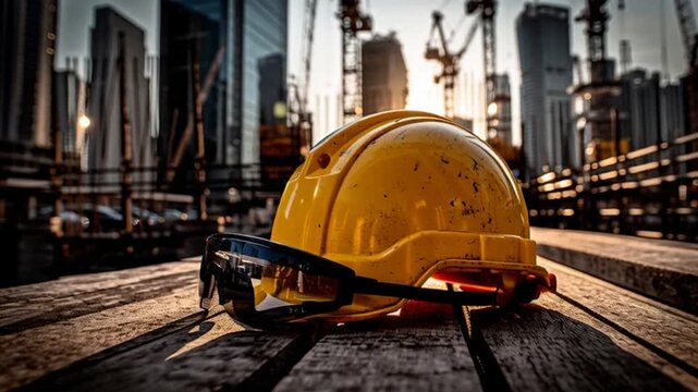 Yellow hard hat on wooden planks at industrial construction site.