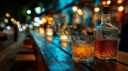Whiskey glass and bottle on bar counter at night