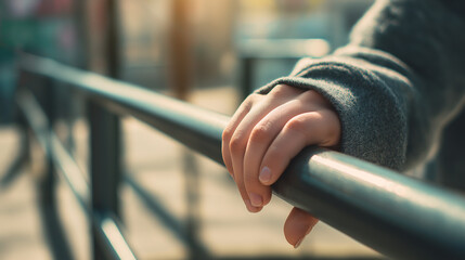 Child hand holding black metal rail