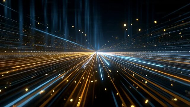 Futuristic digital tunnel with glowing blue and orange streaks.