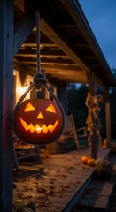 Lit jack o lantern on porch at dusk celebrating autumn halloween season