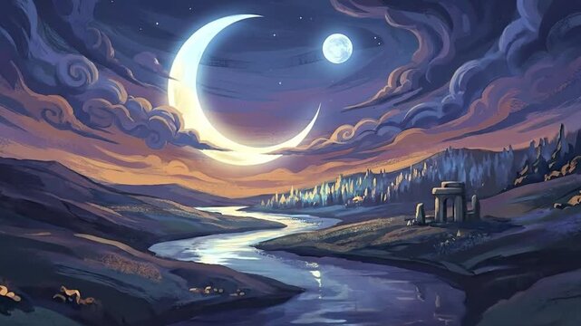 A breathtaking animated landscape unfolds under a twilight sky, featuring a luminous crescent moon dominating the frame alongside a smaller, brilliant full moon. Swirling, vibrant clouds in hues of pu