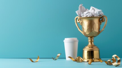 Golden trophy filled with crumpled paper and coffee cup on a vibrant blue background with festive decorations