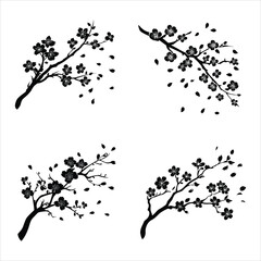Black and white illustration of cherry blossom branch Four black and white ink style illustrations of flowering branches for design elements