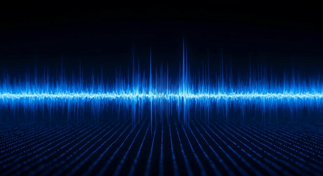 Abstract blue digital wave pattern background showing sound or radio frequency oscillation on a modern data display screen backdrop, light, analysis, transmission