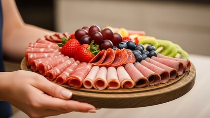 Delectable charcuterie platter assortment of cured meats and fruits display