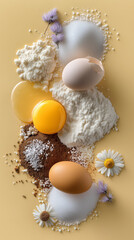 Baking ingredients arrangement with eggs and flowers