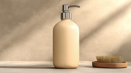 Minimalist beige soap dispenser with wooden brush