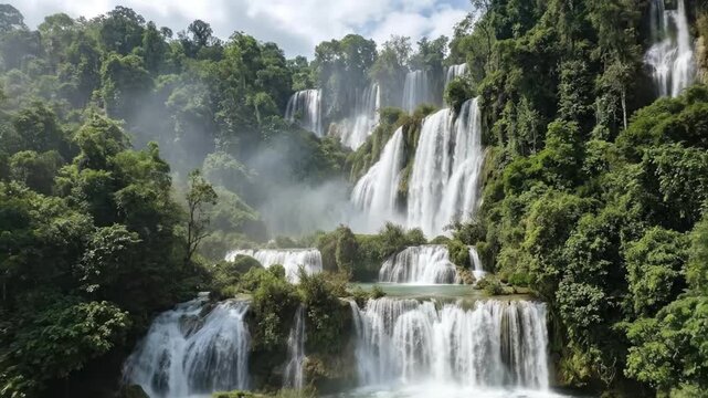 A breathtaking, majestic multi-tiered waterfall cascades dynamically down a lush, verdant, and rock-strewn landscape under a bright sky. The powerful white water plunges over multiple tiers, creating 