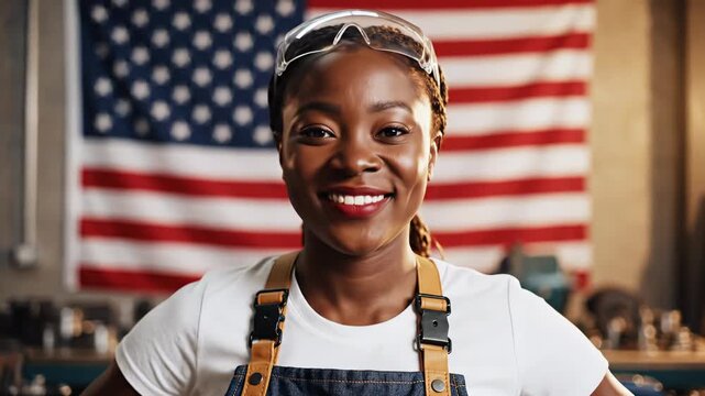 A confident and smiling individual, a Black woman, proudly looks directly at the camera while wearing clear protective eyewear and a durable work apron, signifying expertise and dedication to her craf