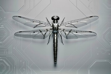 Robot dragonfly displays mechanical design with detailed features on a tech background showing circuitry patterns