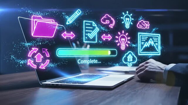 Business person hand using laptop with glowing holographic progress bar and folder data icons floating in air at office desk night