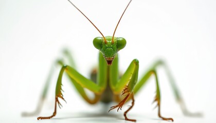 Green praying mantis insect with large eyes and long antennae rests on white background. Macro view shows predatory nature and delicate features of this unique arthropod.