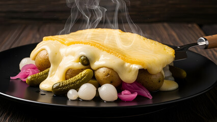 Raclette dish with melted cheese and potatoes on a black plate