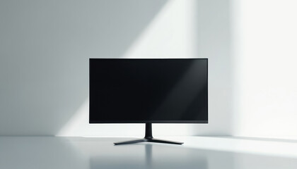 Modern black computer monitor stands on clean white desk. Slim bezel screen displays blank dark surface. Minimalist tech gadget setup in studio.