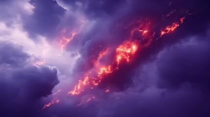 Purple sky with a fire in the clouds. The fire is orange and red